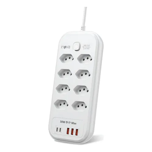 Filtro de Linha 8 Tomadas 10A com 5 USB (2 USB-C + 3 USB-A), Extensão Elétrica Bivolt 110-220V, Potência 2500W, Cabo 2 Metros, Régua de Energia com Carregamento Rápido PD e QC - TekOfertas