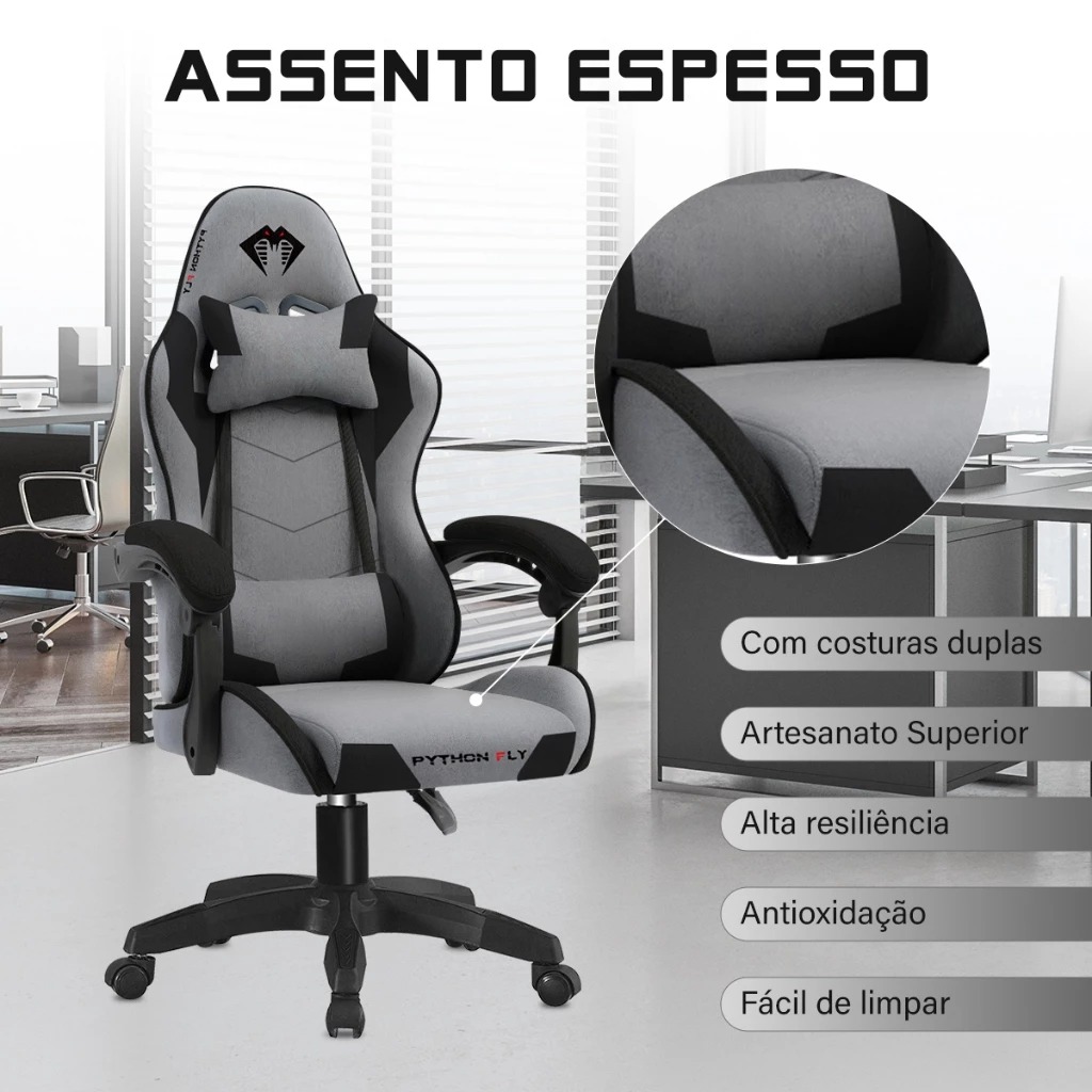 Cadeira Gamer Ergonômica Reclinável Tecido Respirável - Suporte 150kg, Apoio Lombar e Pés, Base Metálica - TekOfertas
