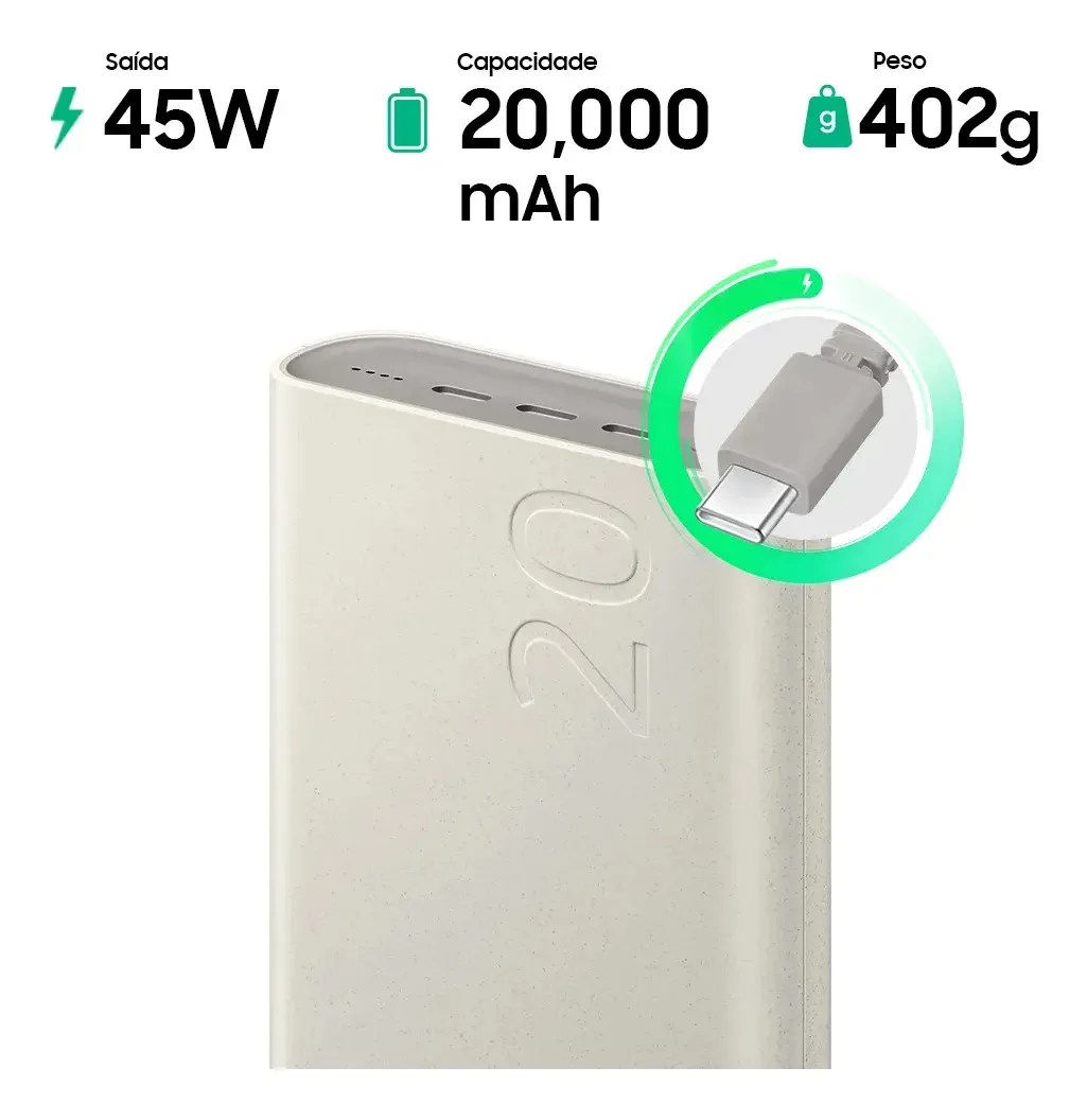Samsung Bateria Carregador Portatil 3x USB-C 20000mAh Super Rapida 45W EB-P4520X - Bege - TekOfertas