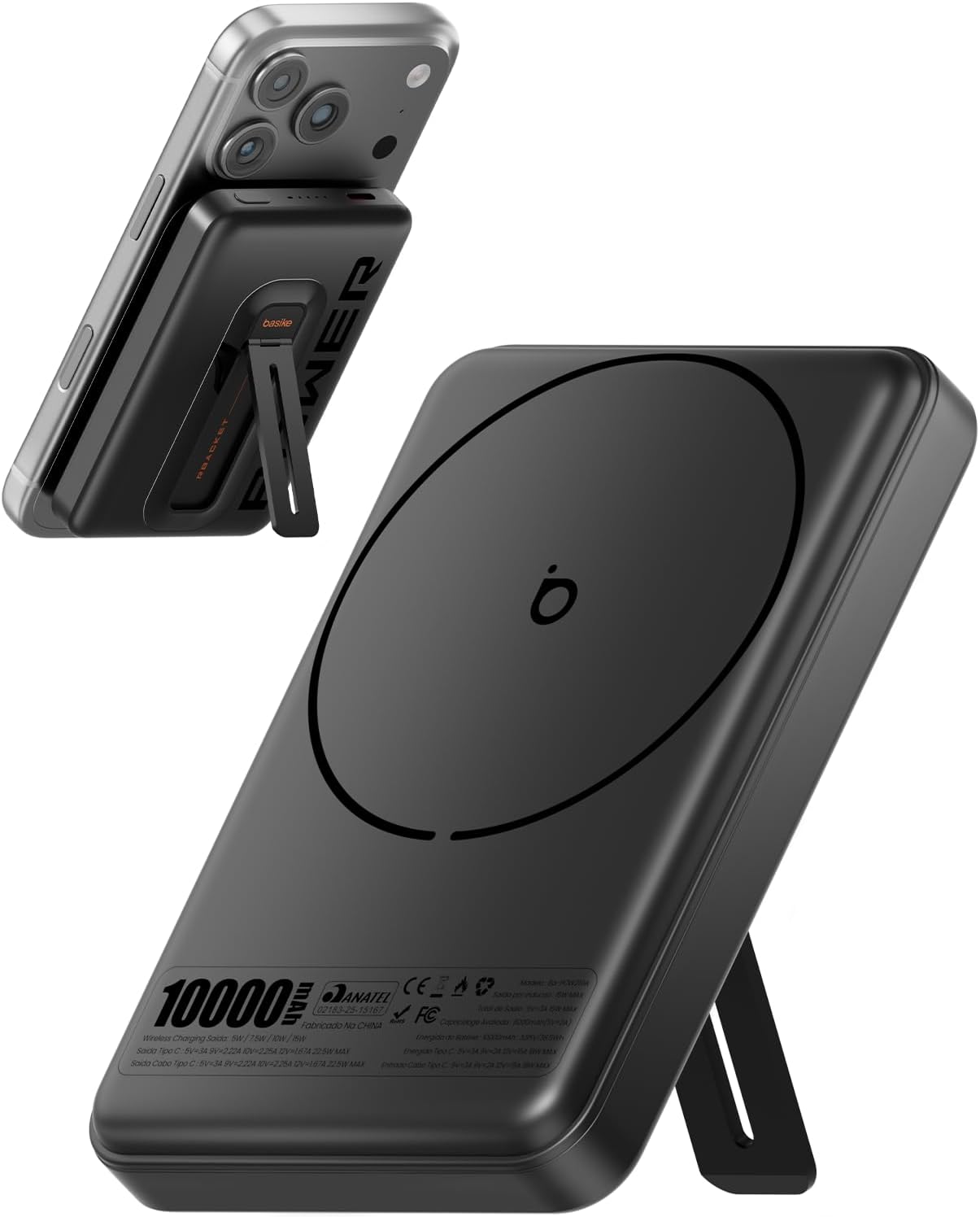 Power Bank 10000mAh Indução, Basike Carregador Portatil com Carregamento Sem Fio 15W(MAX) + Cabo Tipo C 22.5W(MAX)– Bateria Externa com Suporte Integrado Universa Compatível com MagSafe (Preto) - TekOfertas