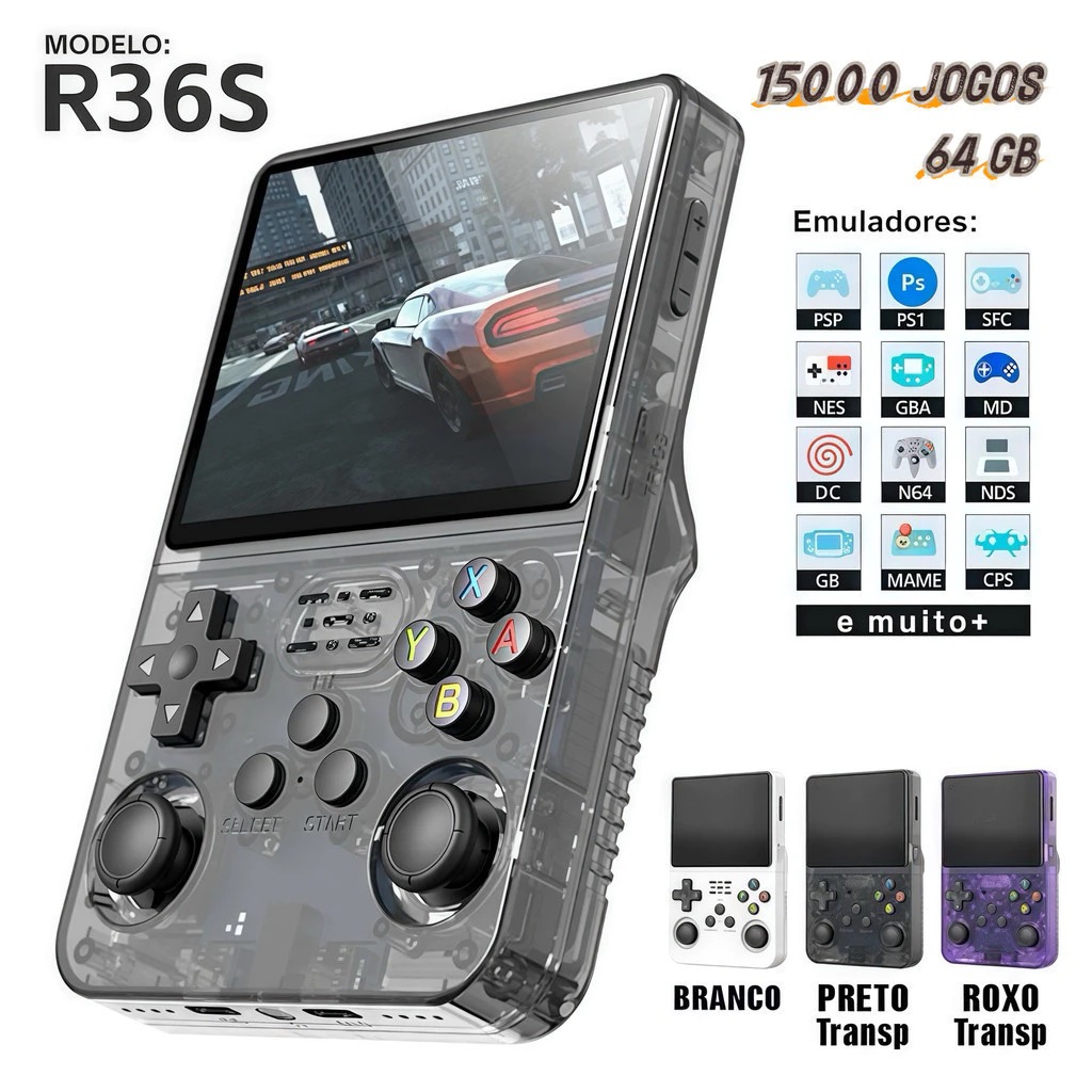 Console Portátil R36S + de 15.000 Jogos Vídeo Game 64g Linux Tela IPS 3.5 Polegadas - TekOfertas