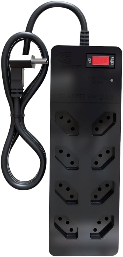 Filtro de Linha iCLAMPER Energia 8 com Proteção contra Surtos Elétricos(DPS) 8 Tomadas, 3 Pinos, 10 Amperes para PC, Notebook, Roteador, Monitor, Impressora, PS5, Alexa e etc, Bivolt, Cabo de 1m Preto - TekOfertas