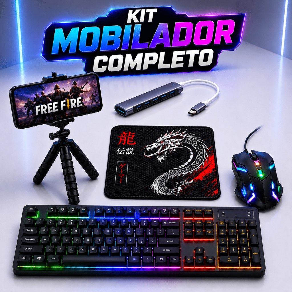 Kit Mobilador Gamer Completo Teclado RGB Mouse Gamer Mouse Pad Hub USB C Tripé Celular Free Fire - TekOfertas