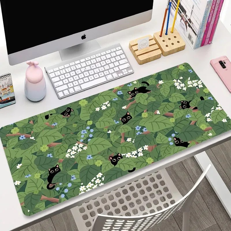 Anime Green Black Cat Large Mouse Pad 400x900MM XXL Gamer Mouse Mat Office Table Mat Kawaii plants Desk pad gaming accessories - TekOfertas
