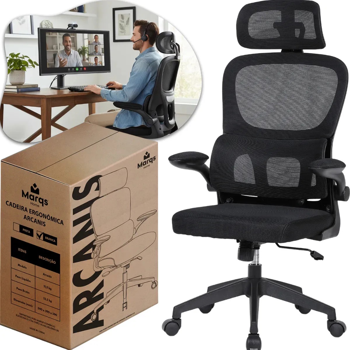 Cadeira Escritório Presidente Ergonômica NR17 Marqs Home Arcanis Preta com Apoio Lombar e Encosto Mesh Premium - TekOfertas