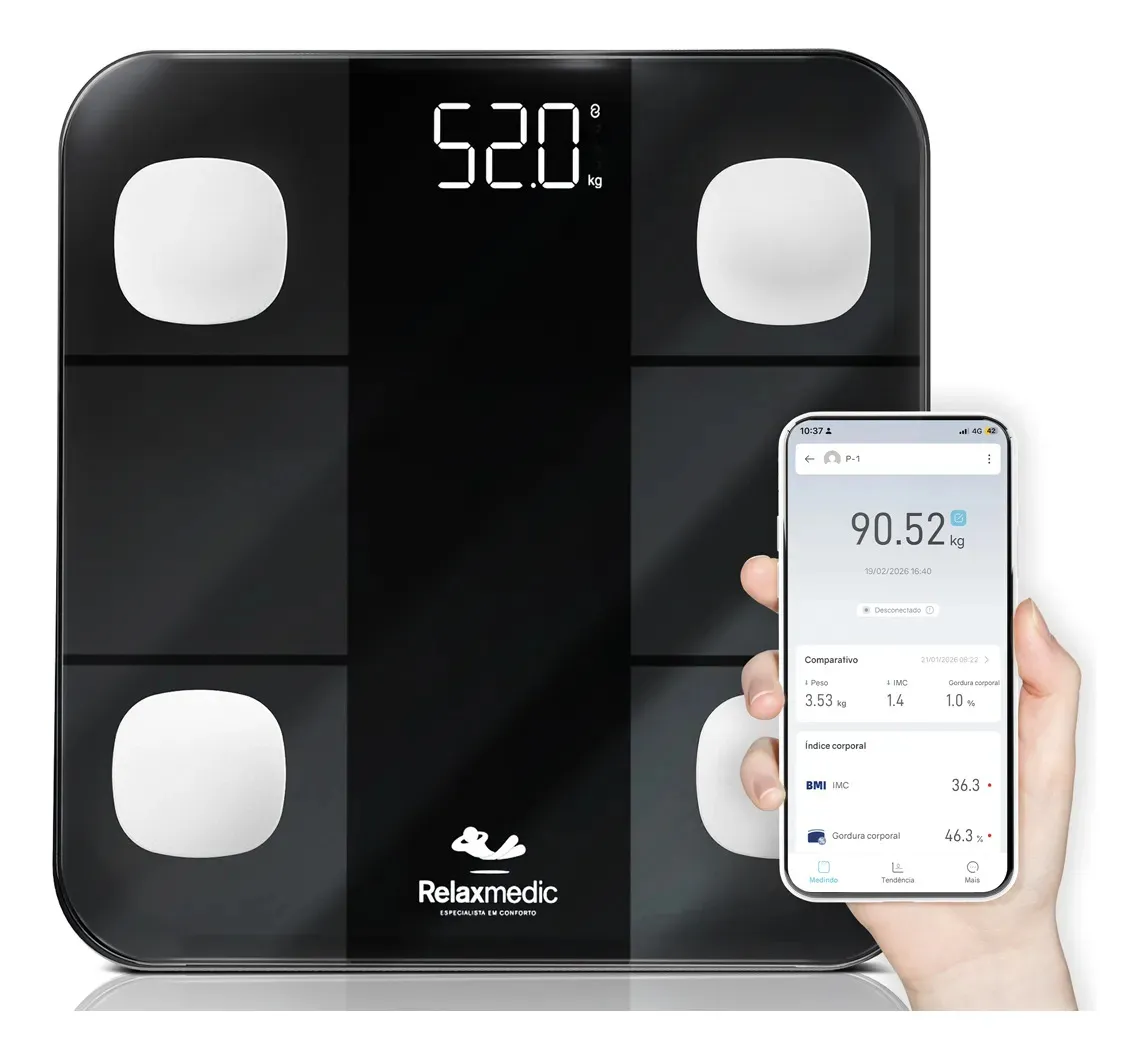 Balança Digital Corporal Bioimpedância Aplicativo Bluetooth Relaxmedic - TekOfertas