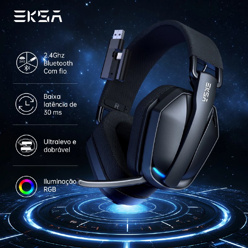 EKSA G19BT Fones de ouvido para jogos sem fio de 2,4 GHz Ultraleve Bluetooth 5.4 Fone de ouvido para PC/PS5/Xbox - TekOfertas