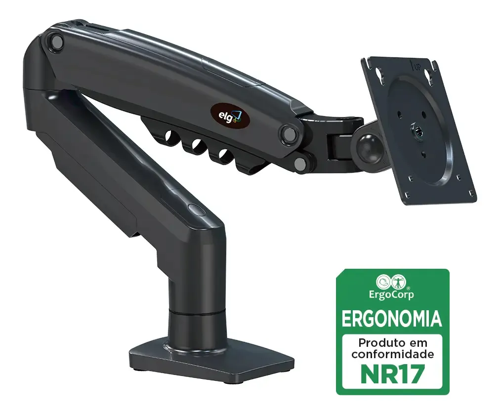 Suporte Articulado Mesa Monitor 17 a 35 Polegadas 9kg ELG Pistão a Gás Giro 360° Altura 14 a 42cm Avanço 54cm VESA 100x100 Preto F80N - TekOfertas
