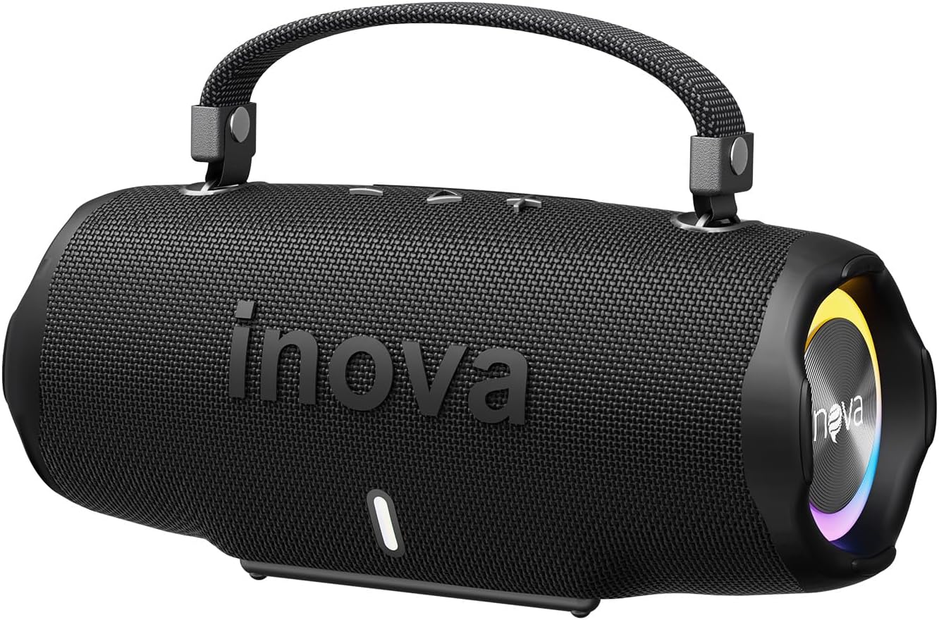 Caixa de Som Bluetooth 5.4 INAVA, Preto | 12 Horas de Música, Som Estéreo Explosivo, Luzes RGB Coloridas, Impermeável IPX6, Praia, Acampamento e Festas - TekOfertas